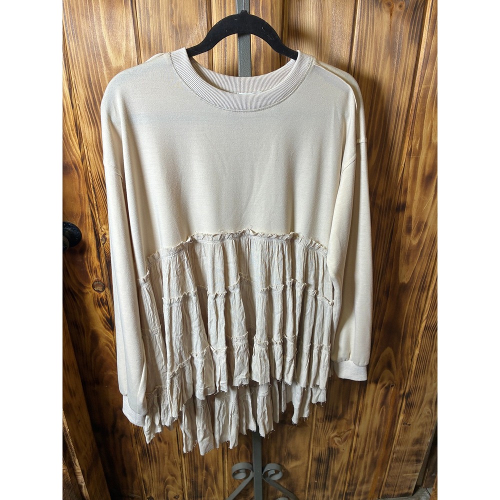 Bluivy Cream Tiered Ruffle Mixed Media Long Sleeve Top T01859 Small